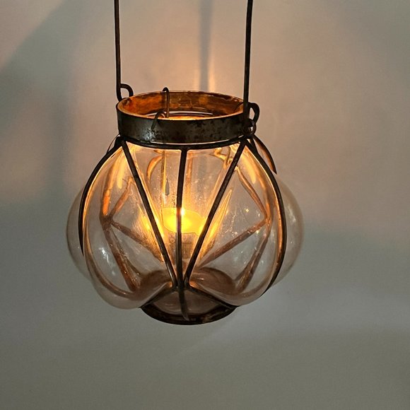 Vintage Handblown Round Wire Caged Glass Tea Light Candle Holder - Picture 1 of 16